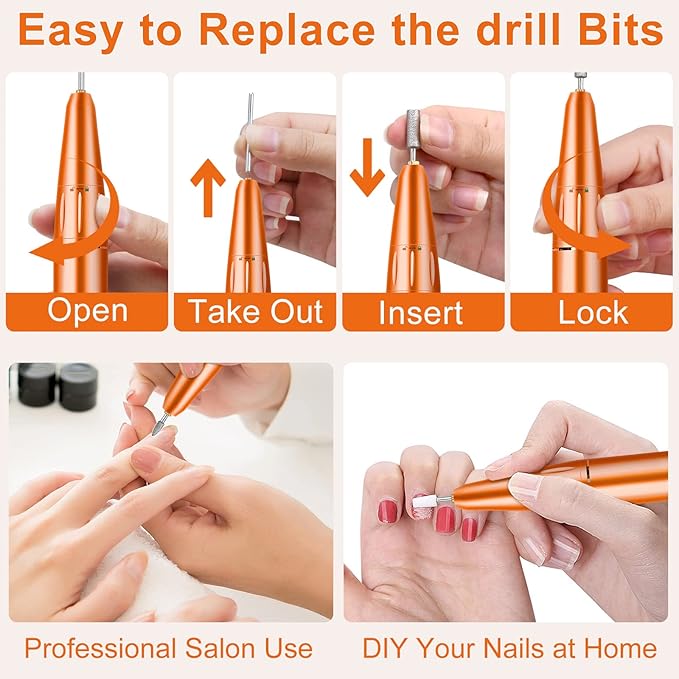 Electric Nail Drill, Urbuti 35000RPM Professional Nail Drill Machine, Portable Rechargeable File Machine Set for Acrylic Gel Nails, Manicure Pedicure Tools for Home and Salon Use(Orange)