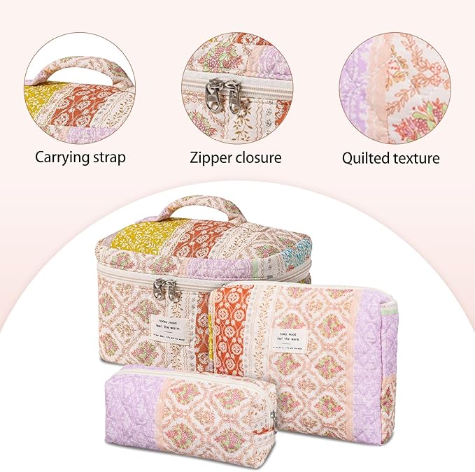 Quilted Makeup Bag,Large Cosmetics Bag Set,Cotton Coquette Floral Make up Pouch,Travel Toiletry Bag for Women