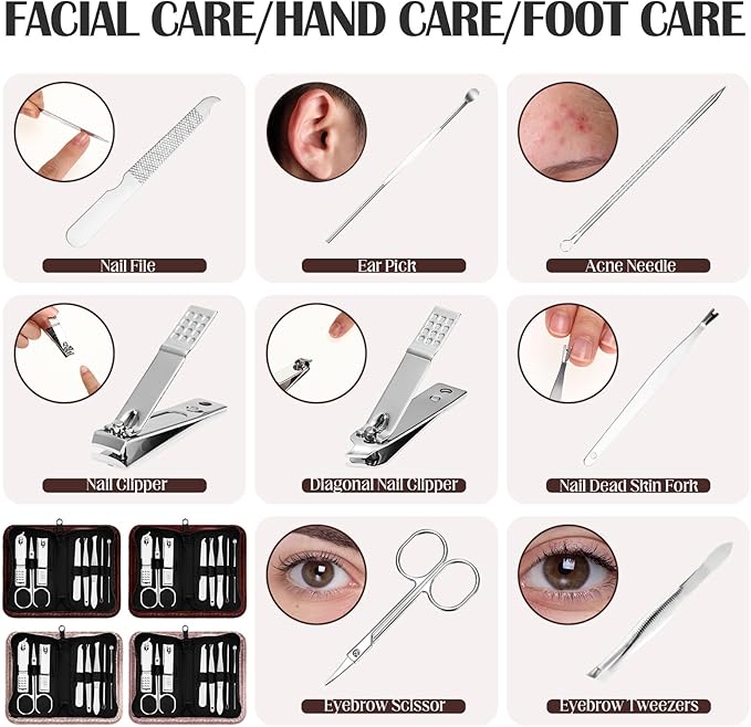 Coume 24 Sets Nail Kit Manicure Set Bulk with Zipper Professional Nail Clippers 8 in 1 Stainless Steel Nail Care Tools with Luxurious Travel Case Gifts for Men Women Friends Colleagues(Brown Series)