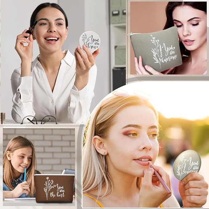 40 Pcs Employee Appreciation Gifts 20 Inspirational Canvas Makeup Bags 20 Compact Mirrors Bulk Cosmetic Bags Round Portable Pocket Mirror Thank You Gifts for Women (Boho)