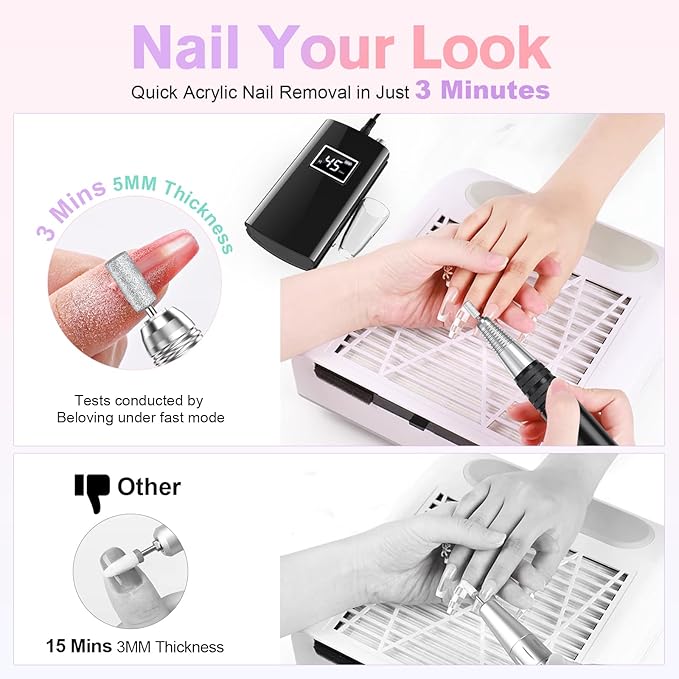 Beloving Portable Nail Drill Professional, 45000RPM Rechargeable Nail Drill Electric File Machine for Acrylic Gel Polish Remover, Cordless Nail Kit for Manicure Pedicure with 11 Bits for Salon Home