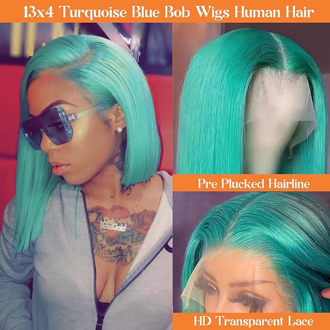 13x4 Glueless Lake Blue Bob Wig Human Hair Lace Front Wigs Pre Plucked Blunt Cut HD Transparent Teal Blue Colored Bob Lace Front Wig Human Hair 180% Density 8 Inch Short Bob Wigs for Black Women