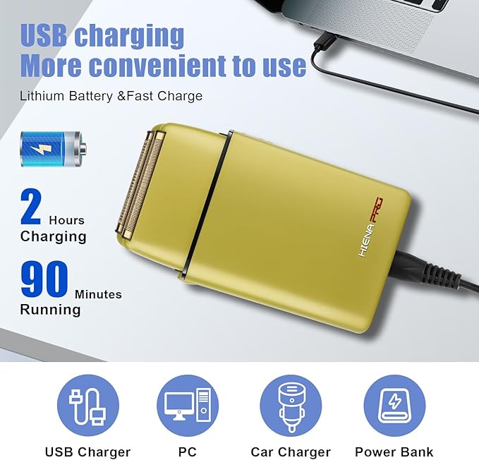 Foil Shaver for Men Barber, Double Electric Foil Trimmer, Professional Electric Razor, Close Shaver, Cordless Rechargeable with USB, Yellow