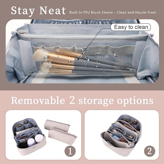 BOYATU Travel Makeup Bags for Women: Large Makeup Organizer - 3 Pcs Make up Bags Set - Vegan Leather Cosmetic Bag with Protable Handle & Divider (L18 Beige)