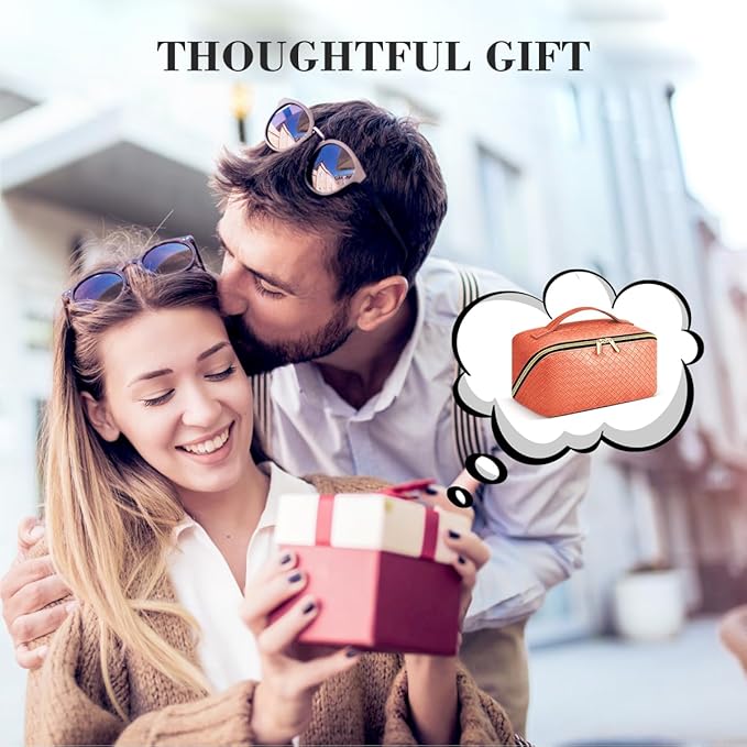 Travel Makeup Bag: Large Capacity Cosmetic Bag for Women, Portable PU Leather Waterproof Stuff Bag With Handle and Divider Flat Lay Makeup Pouch Toiletry Bag Birthday Gift for Women - Orange