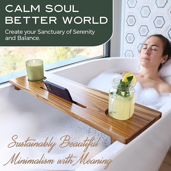 Superior Teak Bathtub Tray for Standard Tubs - Towel & Gift Box Bundle - Sustainable Minimalist Wood Bath Tray for Tub - Anti-Slip Bath Table Tray Bath Caddy 29 in.