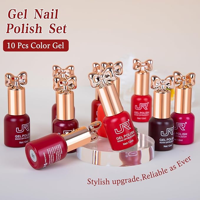 JR 12ml 10colors Red Gel Nail Polish Set Long Lasting Soak off UV Gel Polish Kit Nail Art DIY Manicure Salon Home Gifts for Women D Model