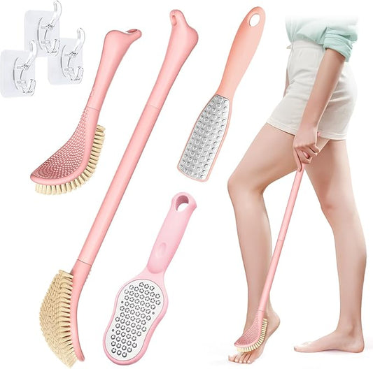 New Foot Brush with Long Handle, 3-in-1 Foot Scrubber in Shower, 10.2’’-27.5’’Adjustable Foot Scrub Brush and 2 Foot File Callus Remover, Gift-Box Packaged(Pink+2*Foot File)
