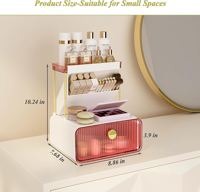 Makeup Organizer with Storage Drawer,Cosmetic Display with Lipsticks Brush Holder Perfume Tray,Organize Cosmetics and Beauty Supplies for Vanity,Dresser,Bathroom,Desktop Organizer,Blush Pink