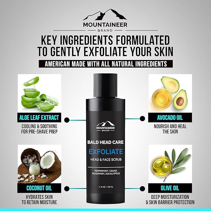 Mountaineer Brand Natural Bald Head Exfoliator with Fresh & Natural Scent | Scalp & Face Exfoliating Scrub | Bald Head Care for Men | Made in West Virginia | Exfoliate | 4oz
