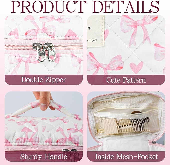 3Pcs Quilted Makeup Bag, Cute Floral Cotton Cosmetic Bag set, Coquette Bow Makeup Pouch Large Travel Toiletry Bag