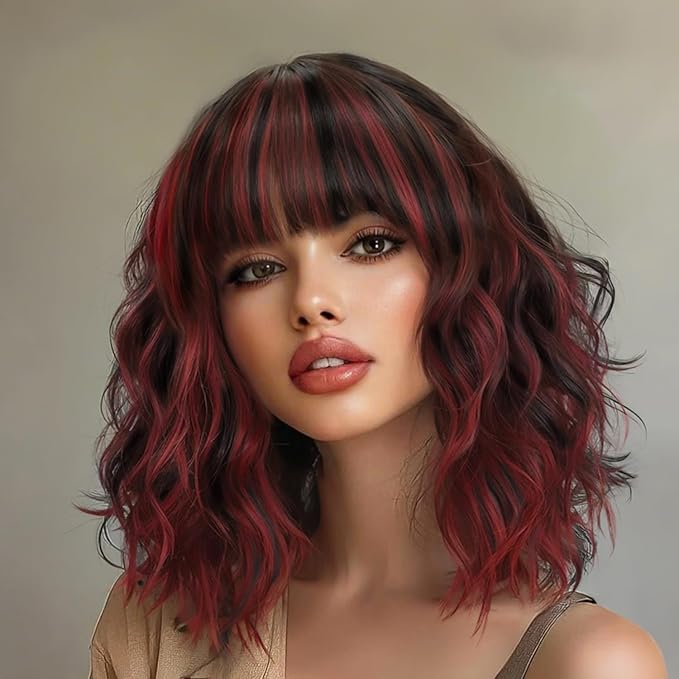AISI HAIR Synthetic Wavy Curly Bob Wig with Bangs Brown Mix Wine Red Short Hair for Women Synthetic Heat Resistant Bob Wigs