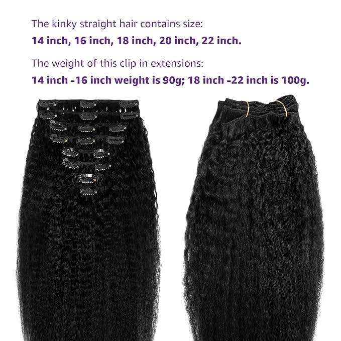 Kinky Straight Clip in Hair Extensions Real Human Hair Yaki Straight Clip ins for Women Brazilian Remy Human Hair Extensions Double Weft 8pcs 90g Per Set with 18 Clips (14 Inch, #1 Jet Black Color)
