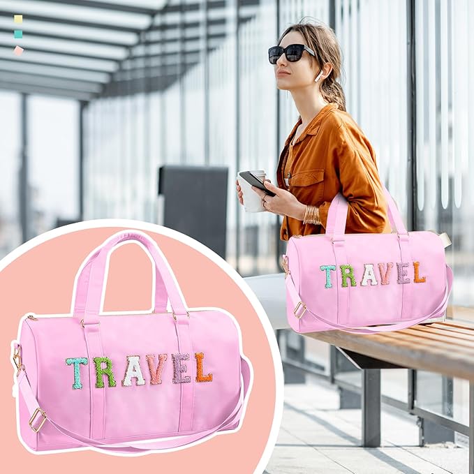 2 Pcs Preppy Chenille Letter Duffle Bag and Makeup Pouch, Travel Tote Bag Cosmetic Zipper Patch Makeup Bag (Pink)