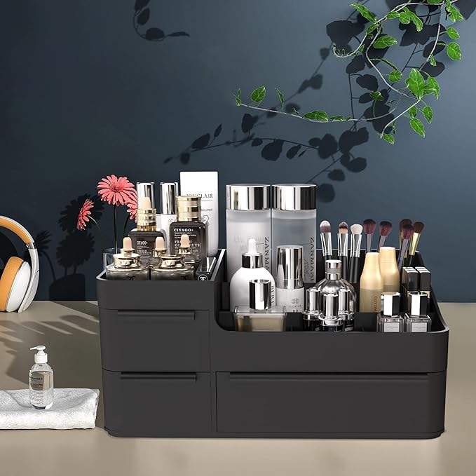 Makeup Organizer for Vanity, Bathroom Countertop Storage Display Boxes Case,Stackable Cosmetic Holder for Jewelry Hair Accessories Beauty Skincare Product Organizing with drawer organizer tray, Black