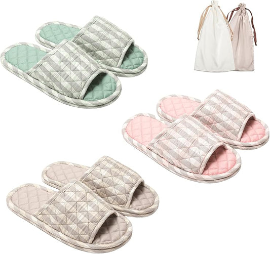 3 Pairs Floral Cotton House Slippers for Women, Open Toe Indoor Slippers Comfortable Washable Portable Foldable Guest Travel Hotel Airplane Spa Slippers