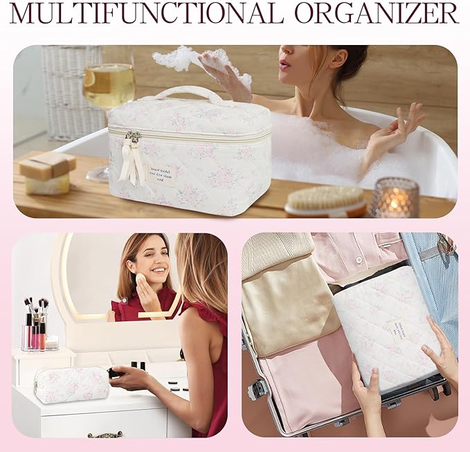 Makeup Bag, 3 PCS Quilted Makeup Bag, Cute Floral Cotton Cosmetic Bag set, Coquette Makeup Pouch Large Travel Toiletry Bag