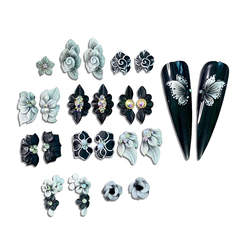 3D Acrylic Flower Nail Art Charms Handmade by Acrylic Powder - 24pcs Flowers Nail Rhinestones Kit 3D Crystal Nail Pearls Design Acrylic Nail Art for Women (Black)