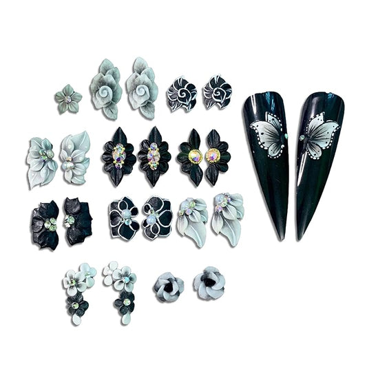 3D Acrylic Flower Nail Art Charms Handmade by Acrylic Powder - 24pcs Flowers Nail Rhinestones Kit 3D Crystal Nail Pearls Design Acrylic Nail Art for Women (Black)
