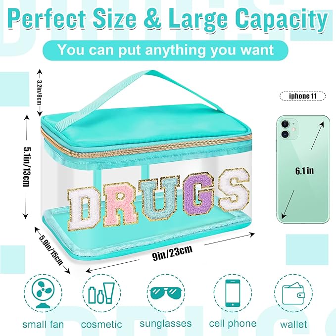 Chenille Letter Clear Makeup Bags Drugs Pouch, Preppy Patch Makeup Bag Zipper with Handle, Transparent PVC & Nylon Waterproof Glitter Cosmetic Handbag Travel Toiletry Storage for Women (DRUGS-Green)