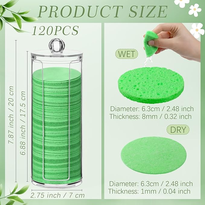 120 Pcs Compressed Facial Sponges Natural Face Exfoliator Disposable Face Sponges for Cleansing Round Soft Facial Scrubber Pads with Storage Container for Makeup Removal Travel (Green)