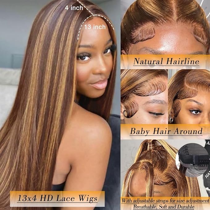 Azkiu 30Inch Highlight Ombre Lace Front Wig Human Hair Pre Plucked 13x4 HD Transparent 4/27 Honey Blonde lace frontal Wigs with Baby Hair 180% Density Colored Straight Lace Front wig Human Hair