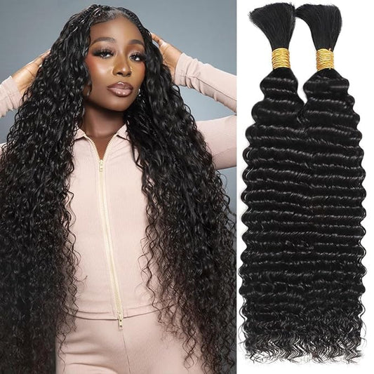 Human Braiding Hair for Boho Braids 26 Inch 110g Deep Wave Bulk Human Hair for Braiding No Weft 12A Brazilian Curly Human Hair Extensions for Boho Braids 2 Bundle Wet and Wavy Human Hair