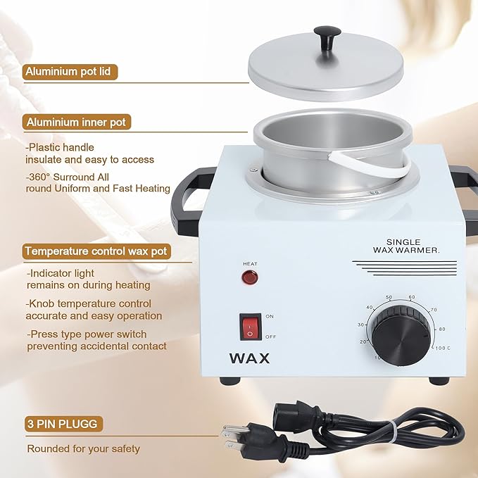 Podoy Wax Warmer for Hair Removal, Professional Single Wax Warmer Pot Melter, Adjustable Temperature, Compact and Portable, SPA Salon Equipment, 14 Ounce