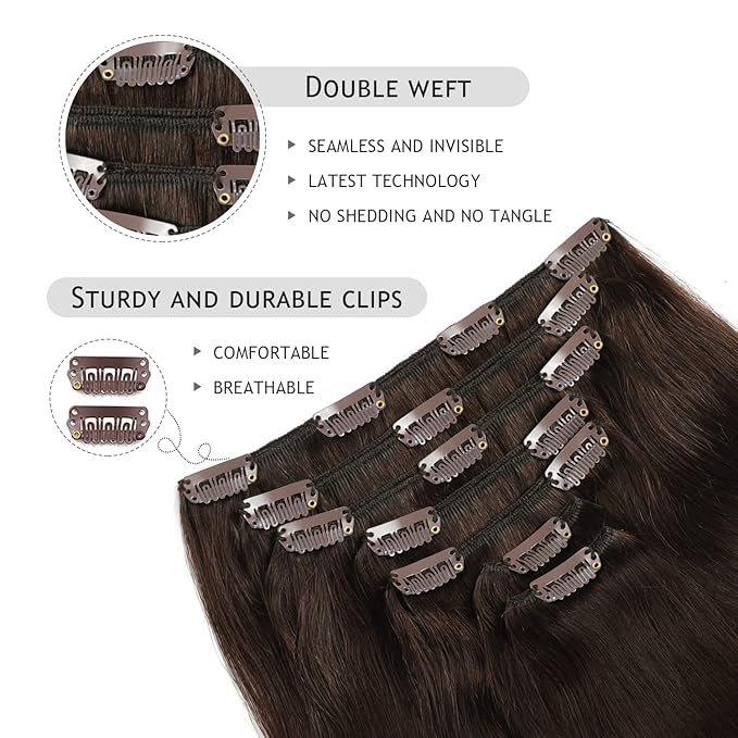 YILITE Dark Brown Clip in Hair Extensions Real Human Hair Double Weft Invisible Hair Extensions Clip ins 8Pcs 100Gram Full Head Remy Clip on Hair Extensions Straight Thick (12inches #2 Dark Brown)