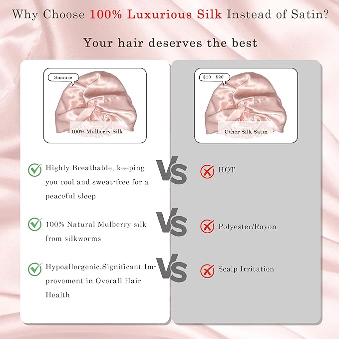 Simnice 100% Mulberry Silk Bonnet for Women - Silk Hair Bonnet with Elastic for Long Curly Hair, Double Layered Sleep Caps for Women, Light Pink