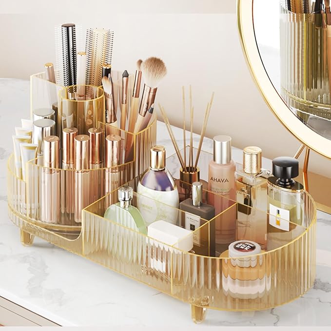 Rotating Makeup Organizer for Vanity with Brush Holder, Cosmetic Makeup Storage Organizer, Large Spinning Makeup Skincare Organizer, Countertop Makeup Perfume, Lotions Display Case (Transparent Gold)