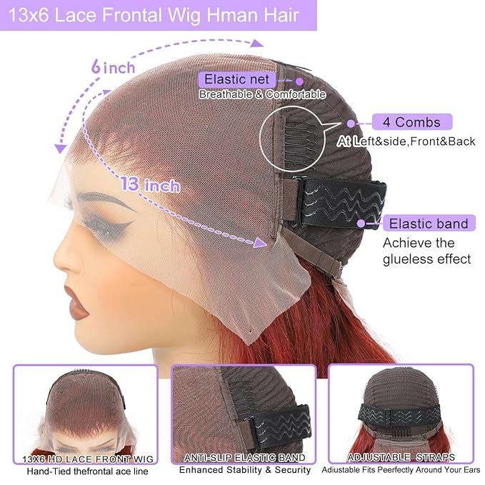 26 Inch Reddish Brown Lace Front Wigs Human Hair Body Wave 13x6 Hd Transparent Lace Front Wig Human Hair Pre Plucked with Baby Hair 180% Density 33# Auburn Brown Lace Frontal Wigs