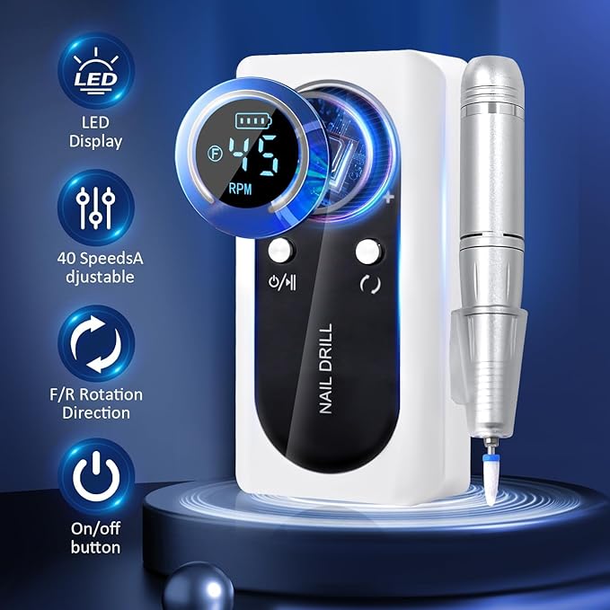 45000 RPM Electric Nail Drill LEDSUUEI: High Tech Professional Electric Nail File Fast Removal Nail Drill Kit for Acrylic Nails Gel Polishing Rechargeable Lightweight