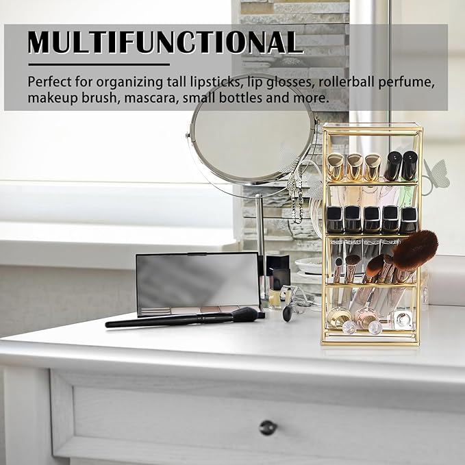ELLDOO Rollerball Perfume Organizer, 4 Compartment Clear Glass Perfume Storage Holder Vintage Beauty Scent Holder, Metal Makeup Lipgloss Lipstick Display Case