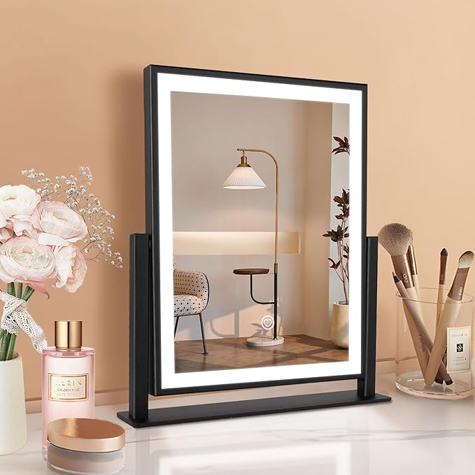 Makeup Mirror with Lights, Fashion Lighted Vanity Mirror with Dimmable Light, Smart Control, Adjustable Warm White/Natural/Daylight, Birthday Wedding Present, 360°Rotation (Black, 12 inch)