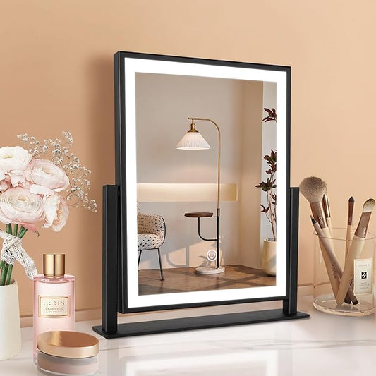 Makeup Mirror with Lights, Fashion Lighted Vanity Mirror with Dimmable Light, Smart Control, Adjustable Warm White/Natural/Daylight, Birthday Wedding Present, 360°Rotation (Black, 12 inch)