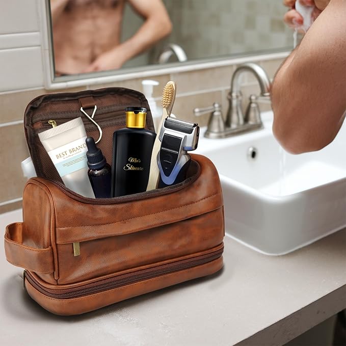 Toiletry Bag for Men, Dad, Boyfriend, Leather bathroom accessories, Travel Essentials Gifts For Birthday, Christmas, Anniversary, Father's Day & Business, Shaving Kit for Men Bag
