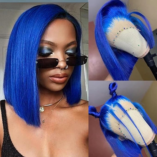 13x4 HD Transparent Blue Bob Wig Human Hair Lace Front Wigs 8 Inch Pre Plucked with Baby Hair 180% Density Blue Human Hair Bob Wig Free Part Colored Bob Frontal Wigs for Women