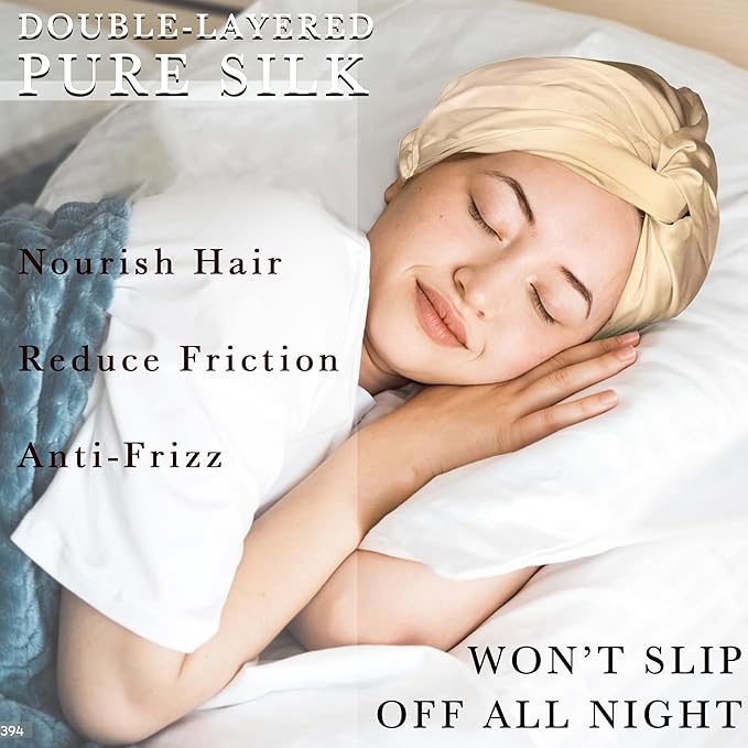 Simnice Mulberry Silk Sleep Bonnet for Women – Hair Care, Soft Natural Silk Hair Bonnet with Elastic Band,Prevents Hair Damage & Frizz ，Beige