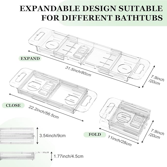 Expandable Drain Bath Caddy Tray for Tub, YOCOMEY Multifunctional Acrylic Bathtub Tray Bathroom Organizer, Simple Bathtub Table Trays Storage Rack for Candle Towel Book Wine Phone Shower(Clear)