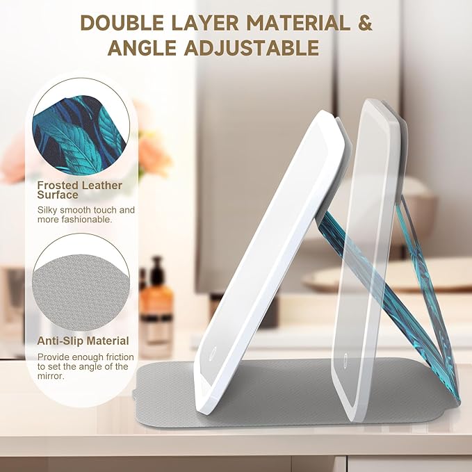 Mocado Travel Makeup Mirro with Lights, 360° Rotation Lighted Makeup Mirror, Portable Mirror with 10x Magnification, 3 Color Lightings, Dimmable Touch Screen, Tabletop Light up Mirror(Blue Leaves)
