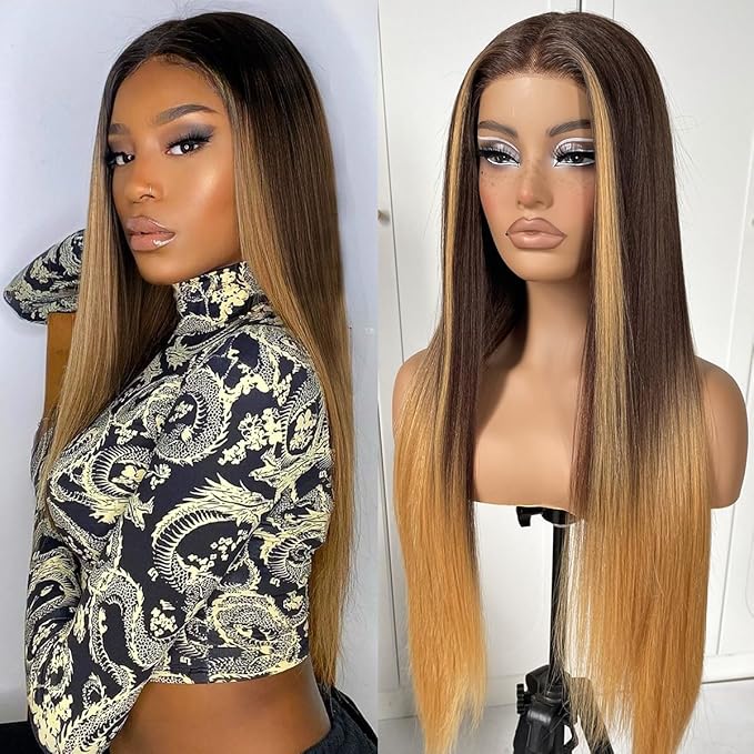 32inch Ombre Lace Front Wig pre plucked, Glueless Highlight Ombre Long Straight Lace Front Wigs Synthetic Highlight HD Lace Front Wig 1B/30/27