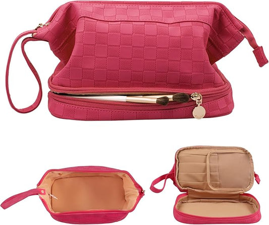 Abiudeng Large Capacity Makeup Bag Ladies Cosmetic Bag Travel Bag with Compartments Portable PU Leather Travel Makeup Bag with Handle