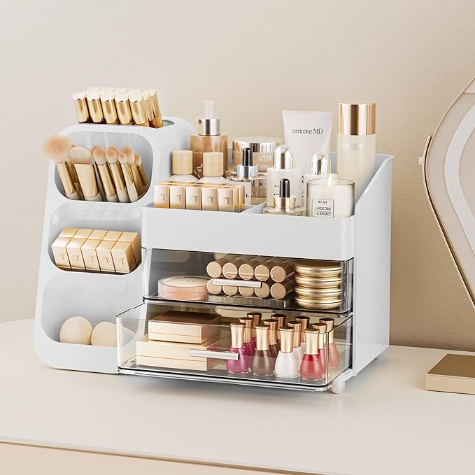 Delamu Makeup Organizer with Drawers for Vanity, Spacious Cosmetic Display Case with Makeup Brush Holder, Perfect Vanity Bathroom Organizer and Storage Solution for Skincare & Beauty Essentials, White
