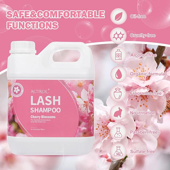 Eyelash Extension Cleanser Cherry Blossom 2L Natural Lash Extension Shampoo Professional Eyelid Foaming Cleanser Paraben & Sulfate Free Non-lrritating with Salon and Home Care