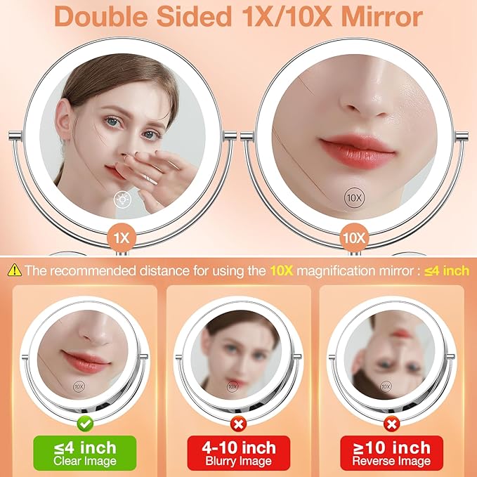 Benbilry 9" Large Wall Mounted Lighted Makeup Mirror, 1X/10X Magnifying Double-Sided AC Powered Bathroom Mirror with 3 Color Lights, Touch Dimmable, Extended Arm 360 Rotation