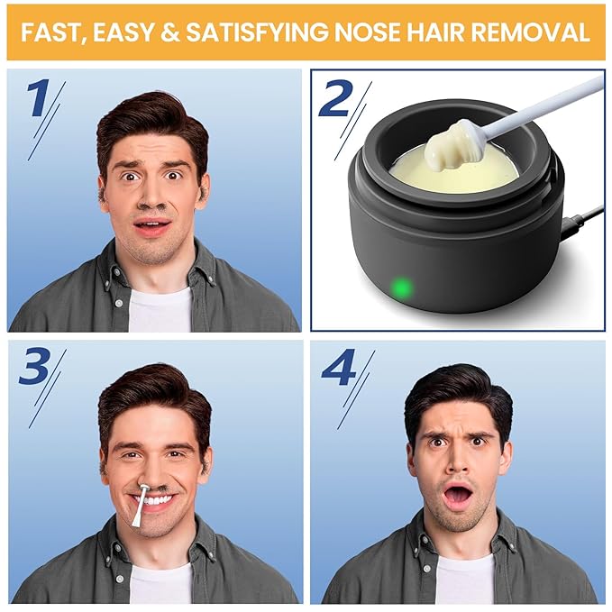 Ear Nose Wax Kit Men, Nose Hair Waxing Kit for Men, Ear Hair Removal Wax 100g, 20 Pcs Nose Applicator, 15-20 Times, Usb Rapid Heating, Constant Temperature, Painless, Black