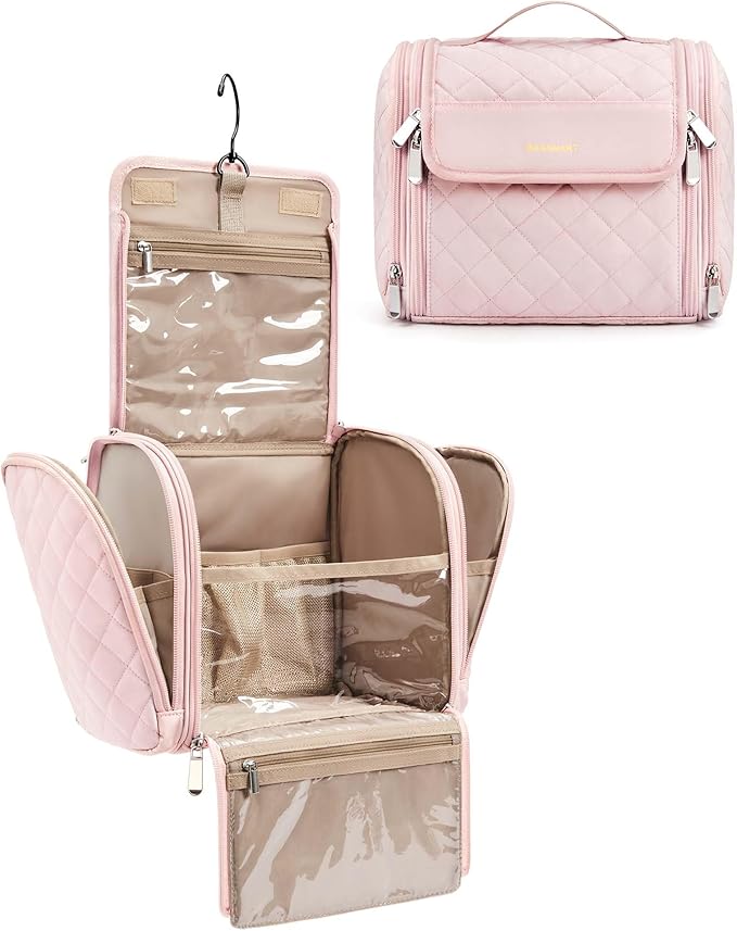 BAGSMART Makeup Bag for Women with Hanging Hook, Large Portable Capacity Water-resistant Organizer Travel Case for Toiletries and Cosmetics, Pink