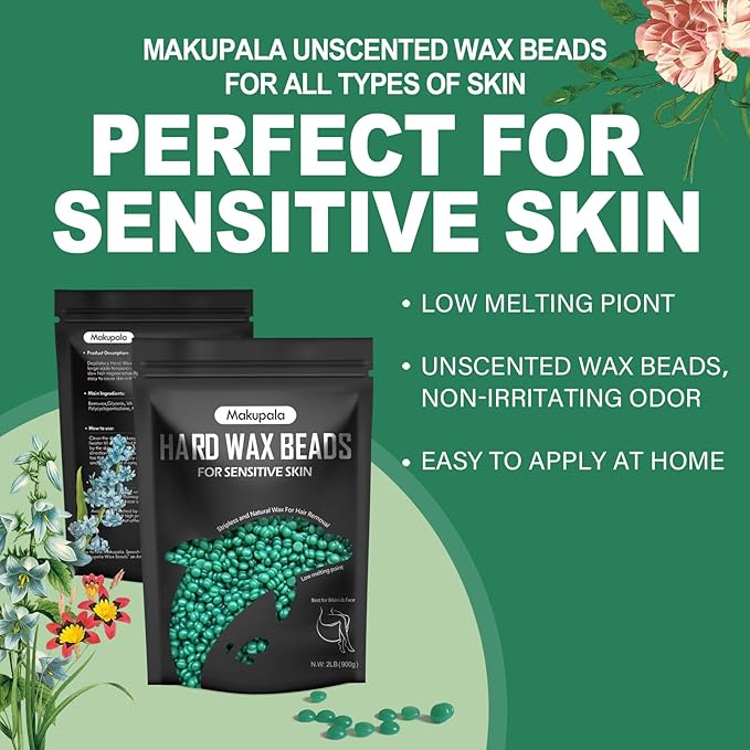 Wax Beads for Coarse Hair Removal, Natural Wax Beans for Sensitive Skin, Body, Brazilian Waxing, Bikini, Unscented Waxing Beads for Legs, Armpit, Hands, Facial (2lb)
