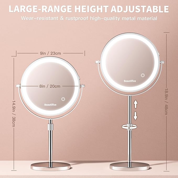 8” Large Lighted Makeup Mirror with Magnification, 15X/1X Rechargeable Magnifying Mirror with Lights, Stepless Dimming Light Up Table Mirror with Adjustable Height, 360° Rotation Vanity Makeup Mirror
